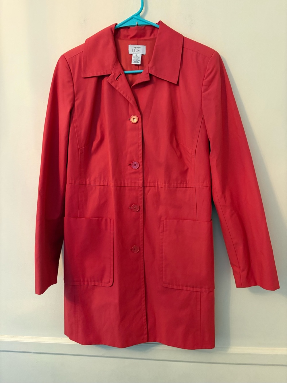 Ann Taylor LOFT coral-red cotton button-front coat- front patch pockets Sz Small